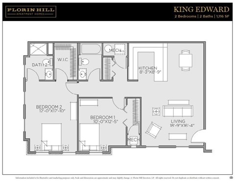 Floor plan for 2 beds, 2 baths, 1116 sqft